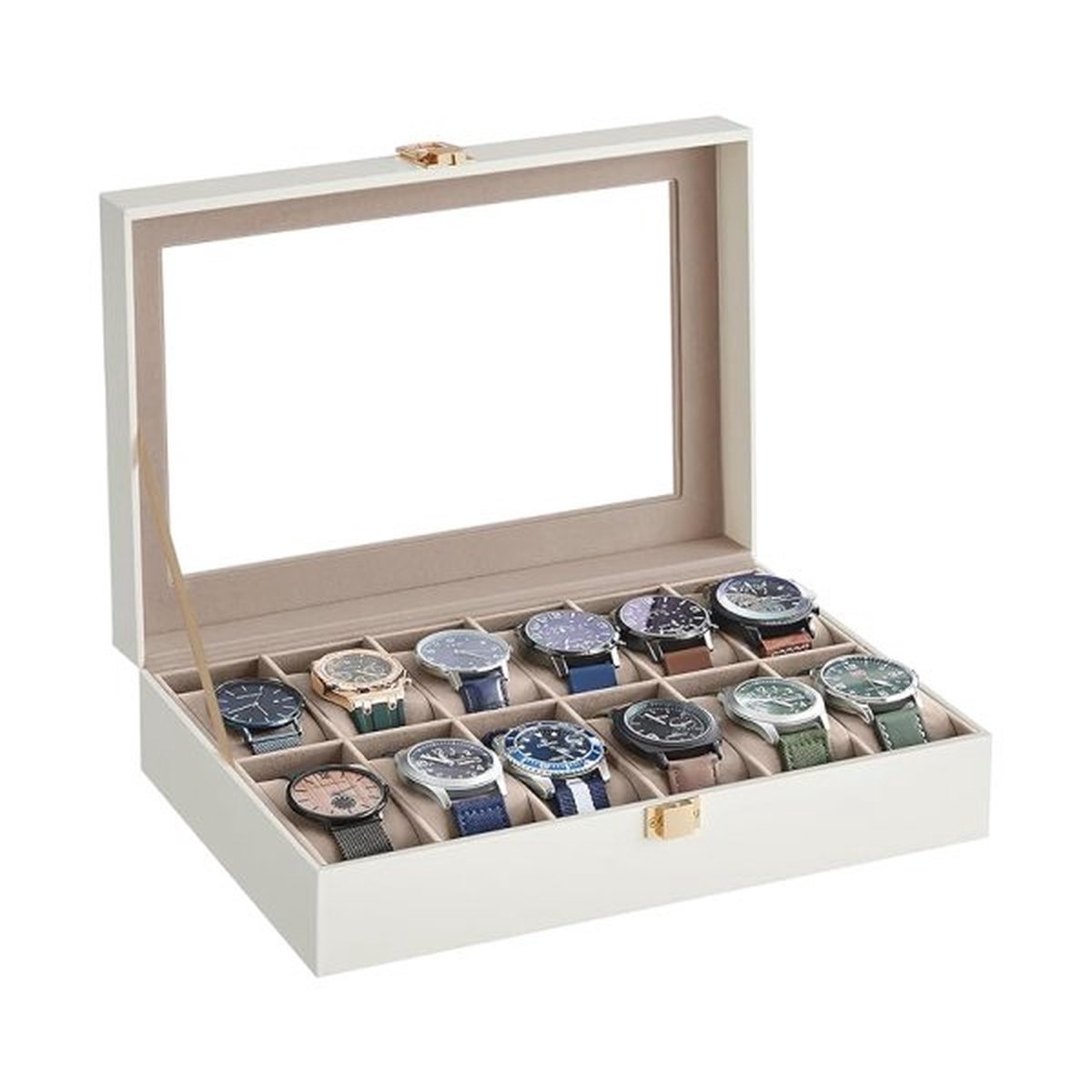 Bekijk doos met 12 slots, horloge met glazen deksel, horloge -displaybox met verwijderbare horlogekussens, metalen gesp, cadeau -idee, cloud wit synthetisch leer, cappuccino beige voering