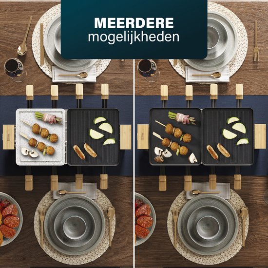 Princess gourmetstel 162955 Raclette en Steengrill Pure 8 Bamboe - Regelbare thermostaat - 1300W - 2 grillplaten en extra Steengrill - 8 pannetjes - 2 meter snoer - Parking deck voor ongebruikte pannetjes — afbeelding 3