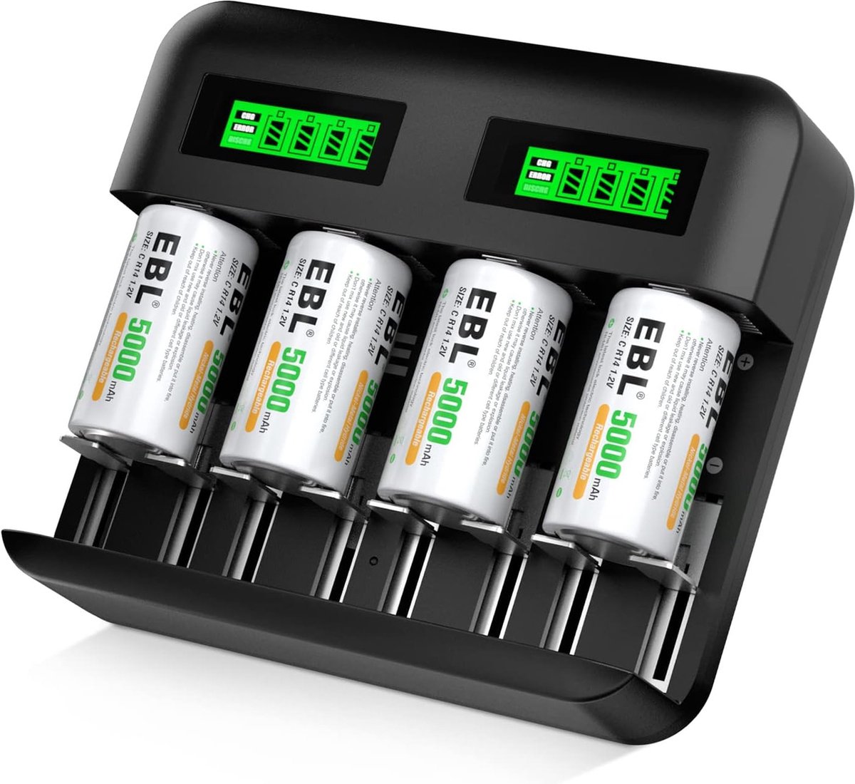 EBL Universele Batterijlader + 4x C Batterijen voor Oplaadbare AA, AAA, C & D Ni-MH Batterijen - Batterij oplader met LCD Scherm voor Oplaadbare batterijen