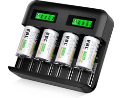 EBL Universele Batterijlader + 4x C Batterijen voor Oplaadbare AA, AAA, C & D Ni-MH Batterijen - Batterij oplader met LCD Scherm voor Oplaadbare batterijen