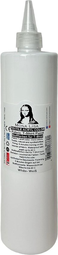 Bouteille blanche de peinture textile Südor avec étiquette, 'MONA LISA TEXTILE ACRYL COLOR', 'White - Weiß'.
