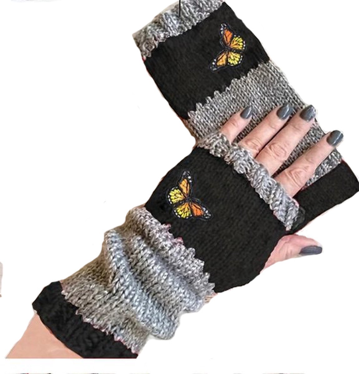 Retro gebreide handschoenen - vingerloos - met geborduurde vlinder - Zwart