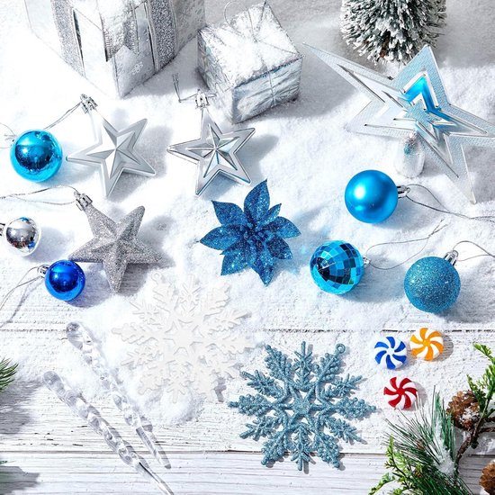 Set de décorations de sapin de Noël de 103 pièces avec Ornements bleu argenté et Siècle des Lumières LED - Boules de Noël Glitter - Cime d'arbre et assortiment de vacances