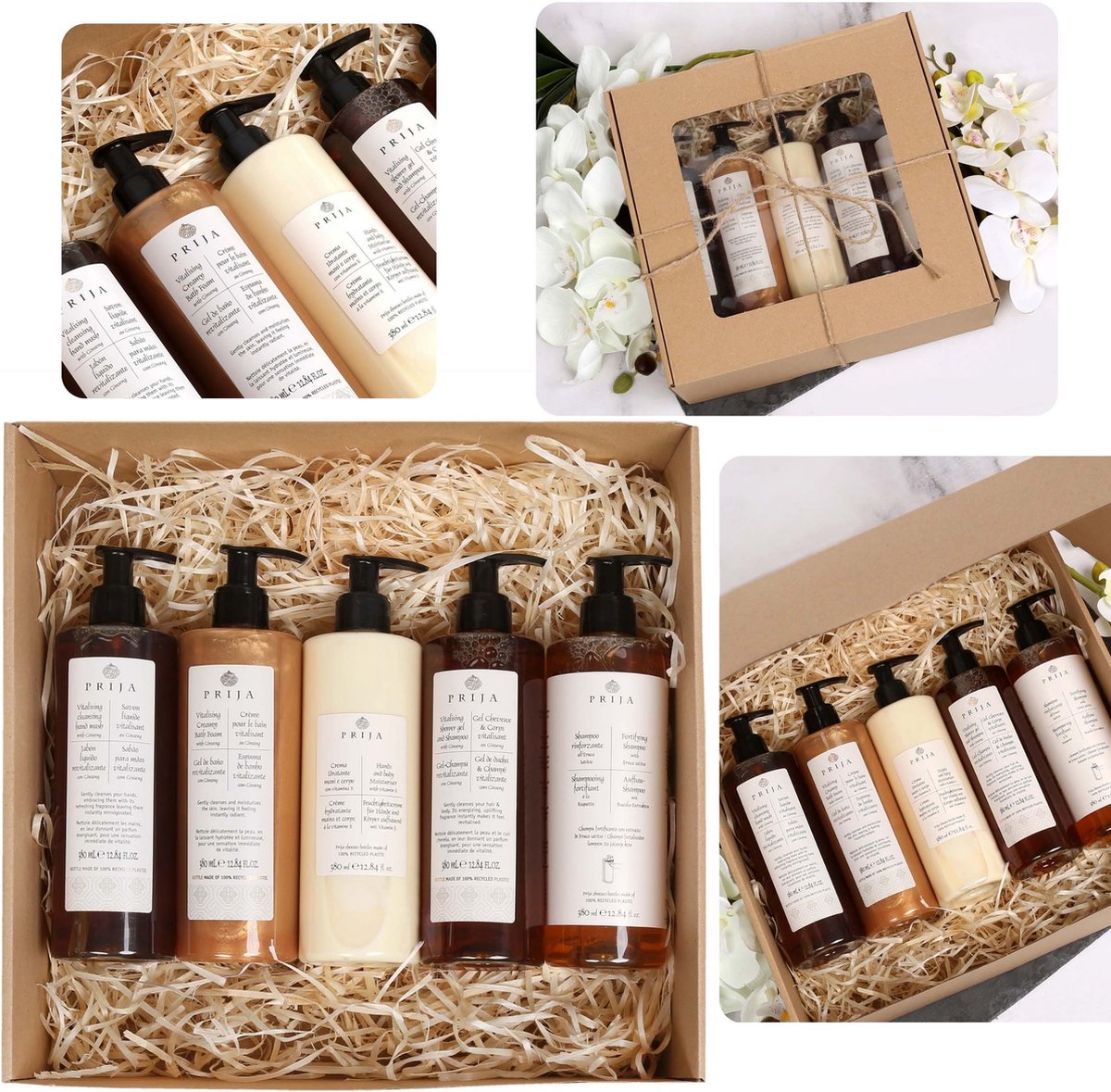 Goedkoopste PRIJA Set cosmetica vloeibare zeep, badschuim, haarshampoo, hydraterende crème, douchegel 5x380ml