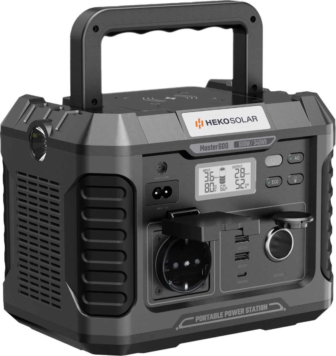 Heko Solar® Master 600 - Powerstation - 600W (1200W Piek) - 346Wh Capaciteit - Draagbaar - Geschikt voor Zonnepanelen - Generator - Voor Noodpakket, Stroomuitval, Kamperen en Outdoor
