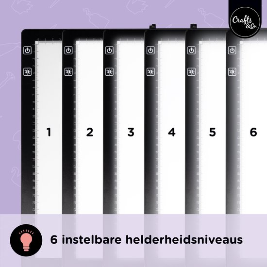 Six tablettes lumineuses alignées, numérotées de 1 à 6, indiquant les niveaux de luminosité réglables.