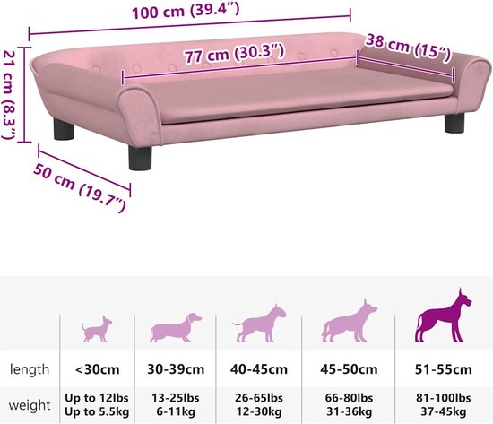 Dimensions d'un canapé pour chien en velours rose et tableau des tailles.