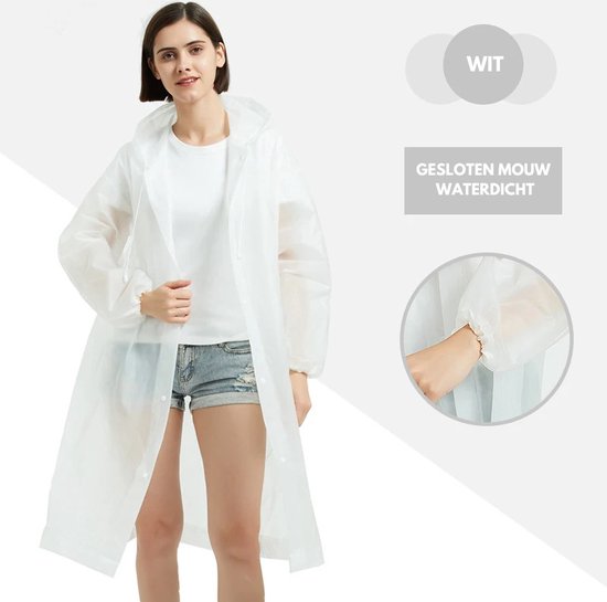 Regenjas - Regenponcho - Capuchon - Unisex - Waterdicht - Herbruikbaar - Fietsponcho - Regenpak - Regen Poncho Jas - Modern - Japans design - Wit