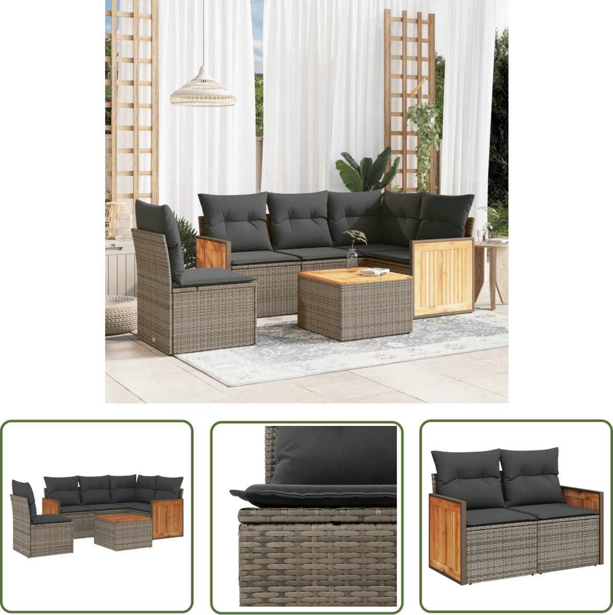 Grijze poly rattan loungeset met kussens voor buiten - Tuinmeubels.