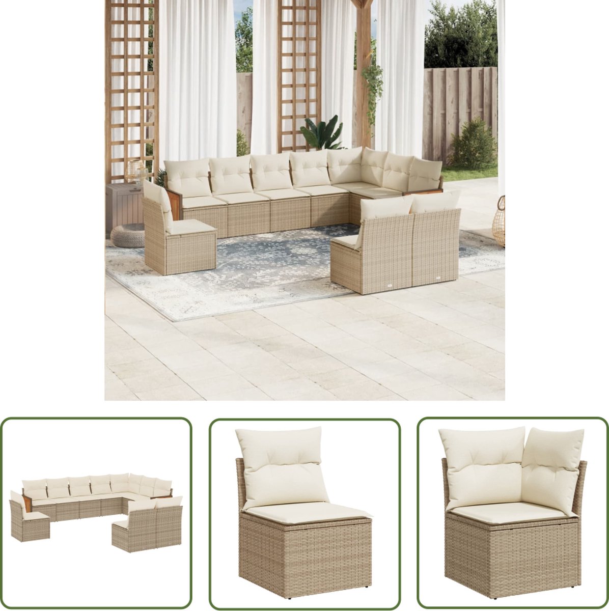 Loungeset van poly rattan in beige met kussens - Tuinmeubilair.