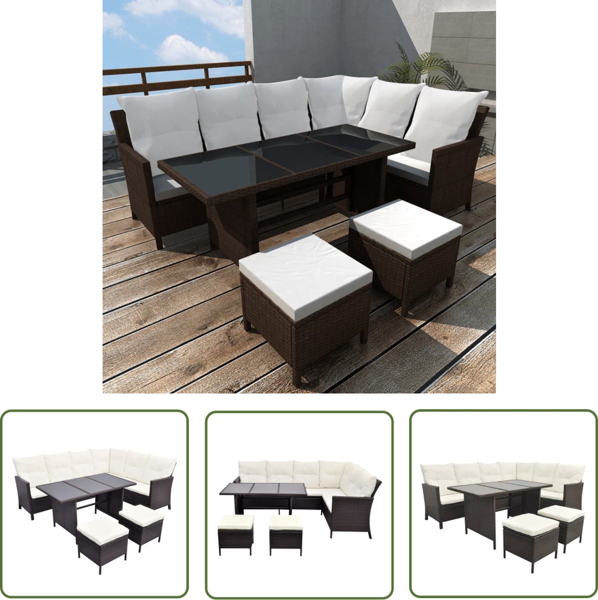 Bruine 4-delige Loungeset met kussens van poly rattan - Tuinmeubilair.