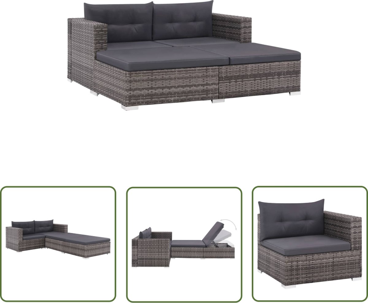 The Living Store 3-delige Loungeset met kussens poly rattan grijs - Loungeset - Tuinset - Loungebank - Buitendecor - Terrassen Meubilair