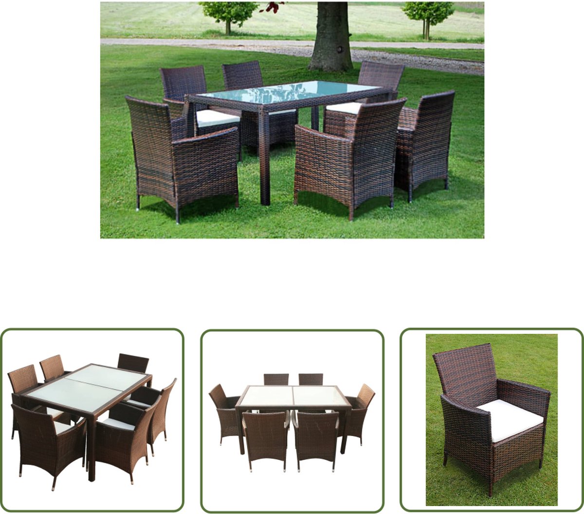 The Living Store 7-delige Tuinset met kussens poly rattan bruin - Tuinmeubelset - Rattan Meubels - Buitendecor - Lounge Set - Eetkamerstoel