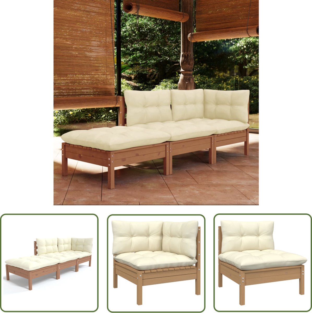 Massief grenenhouten loungeset met kussens - The Living Store - Tuinmeubel in natuurlijke tinten.