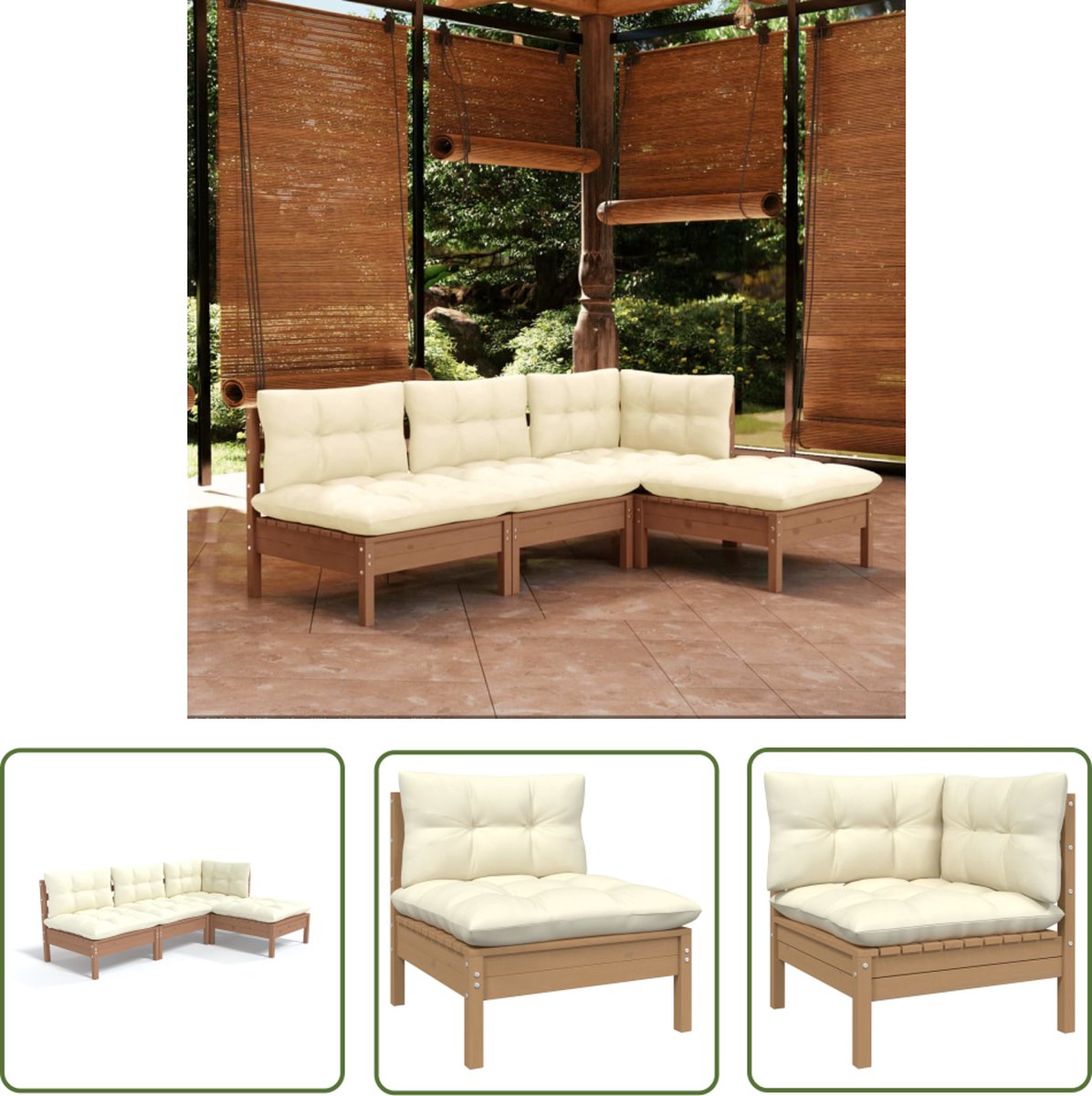 The Living Store 4-delige Loungeset met kussens grenenhout honingbruin - Loungebank - Tuinset - Lounge Set - Hout Meubel - Grenenhout
