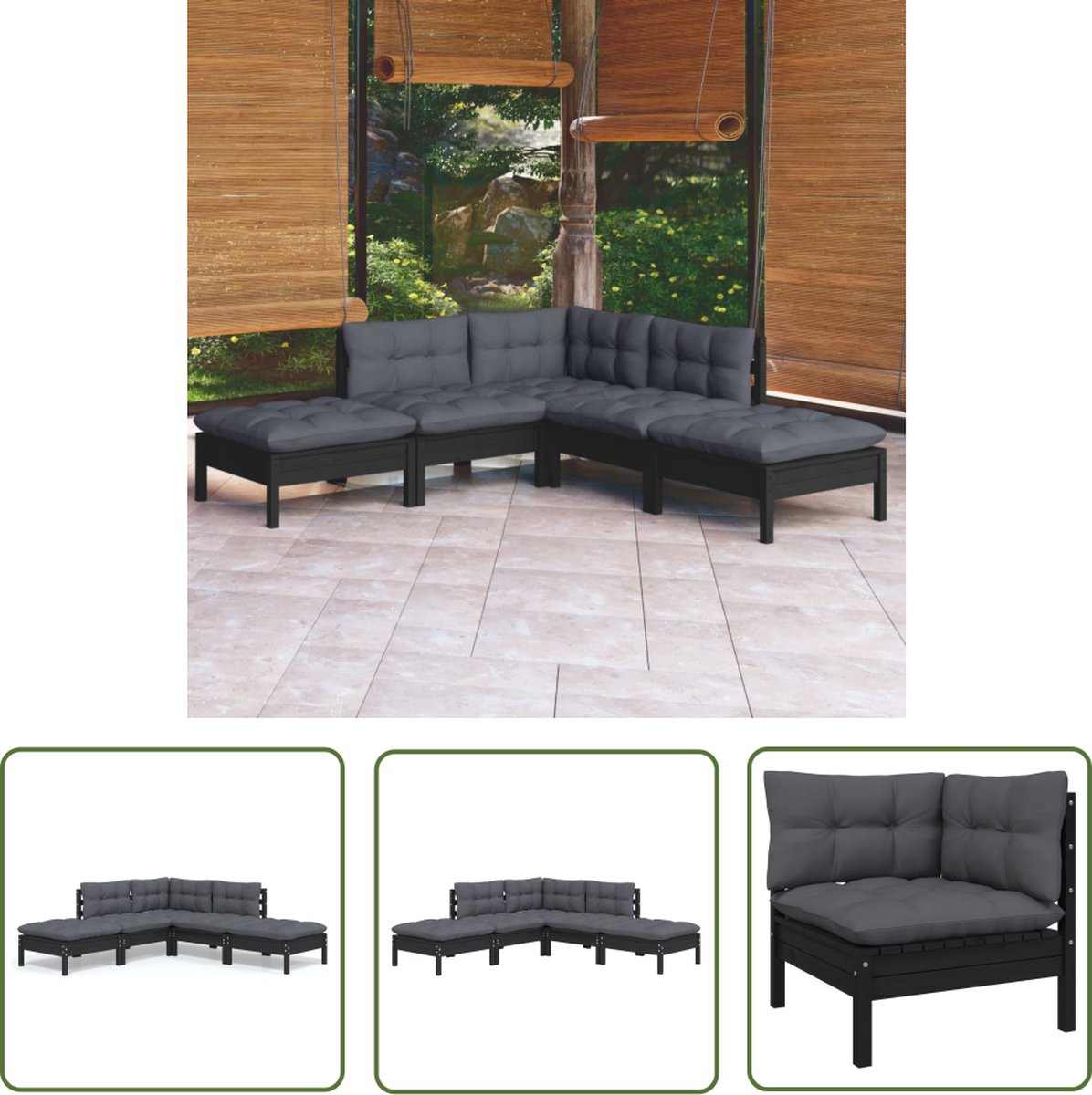 Zwarte loungeset van grenenhout met kussens - Tuinmeubels - The Living Store.