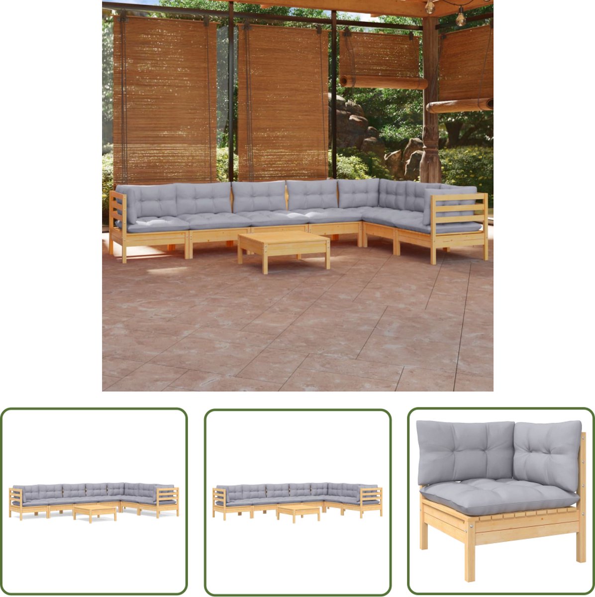 Loungeset met grijze kussens en grenenhouten frame in tuinsetting.