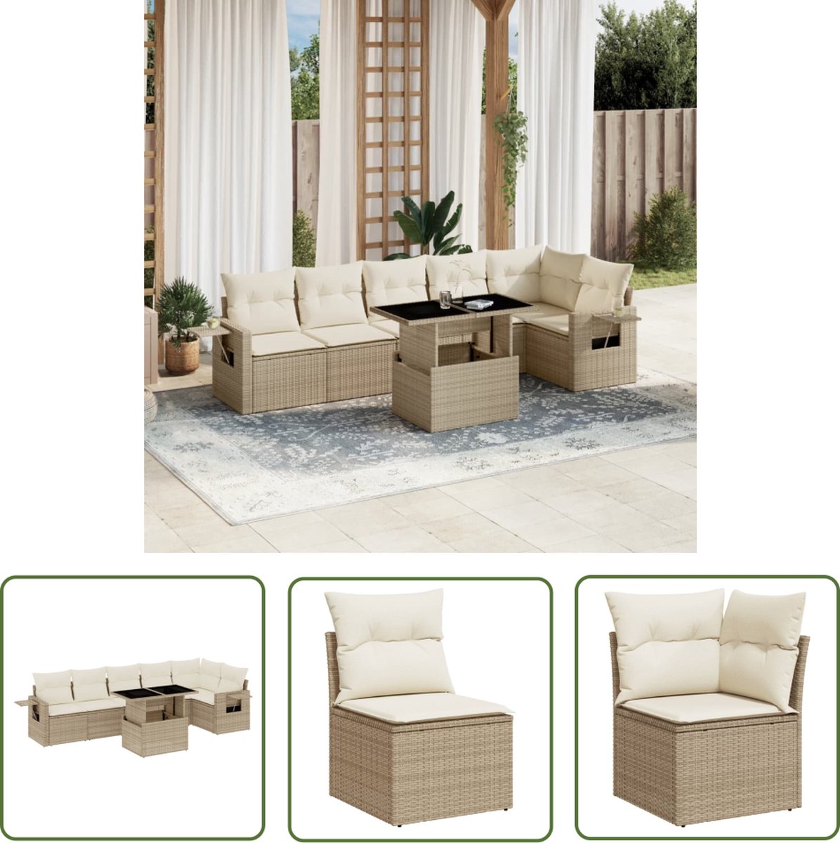 The Living Store 7-delige Loungeset met kussens poly rattan beige - Loungebank - Lounge Set - Buitendecoratie - Tuinmeubelen - PE-rattan