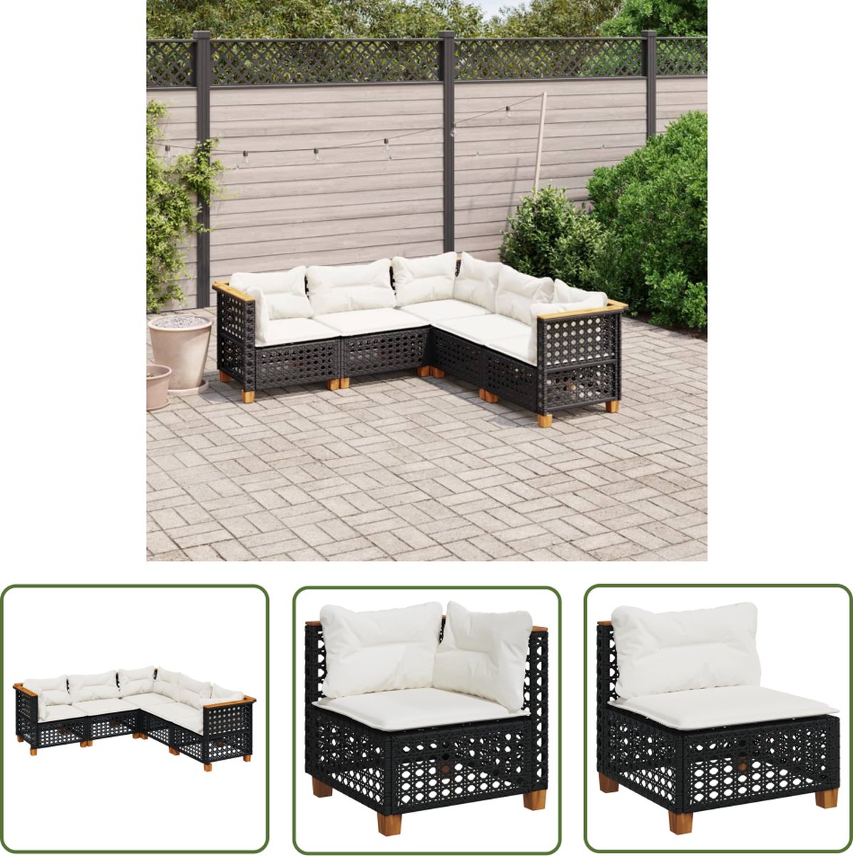 The Living Store 5-delige Loungeset met kussens poly rattan zwart - Loungebank - Lounge Set - Tuinset - Buitendiner - Outdoor Furniture