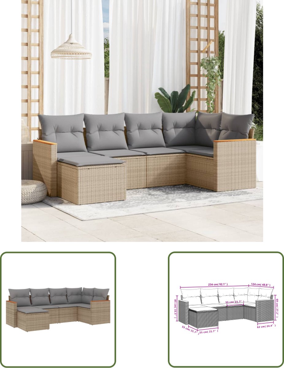 Poly rattan loungeset in beige met kussens voor buiten - The Living Store.