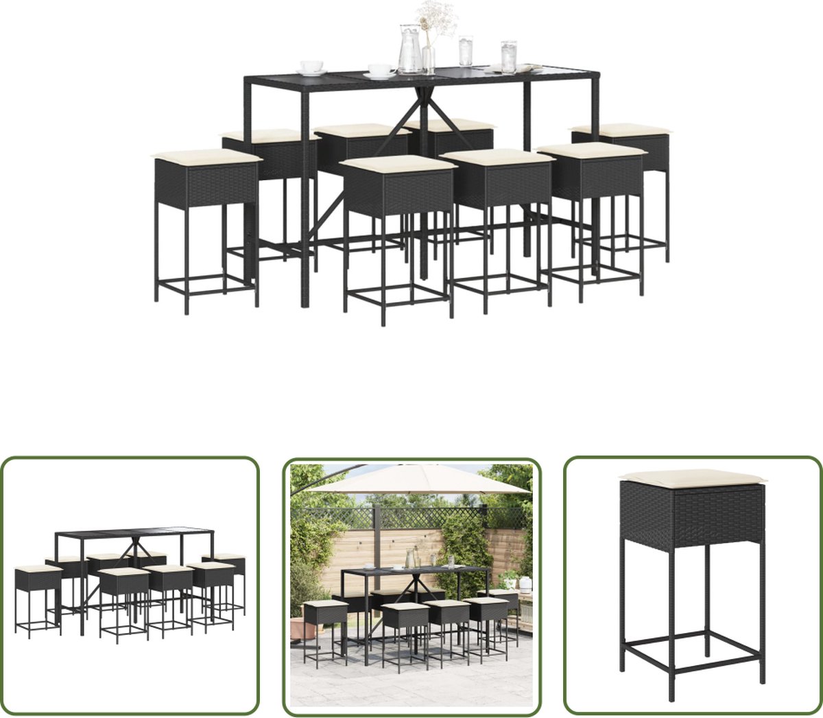 The Living Store 9-delige Tuinbarset met kussens poly rattan zwart - Tuinbarset - Buitendecoratie - Lounge Set - Bistro Set - Eetkamerstoel