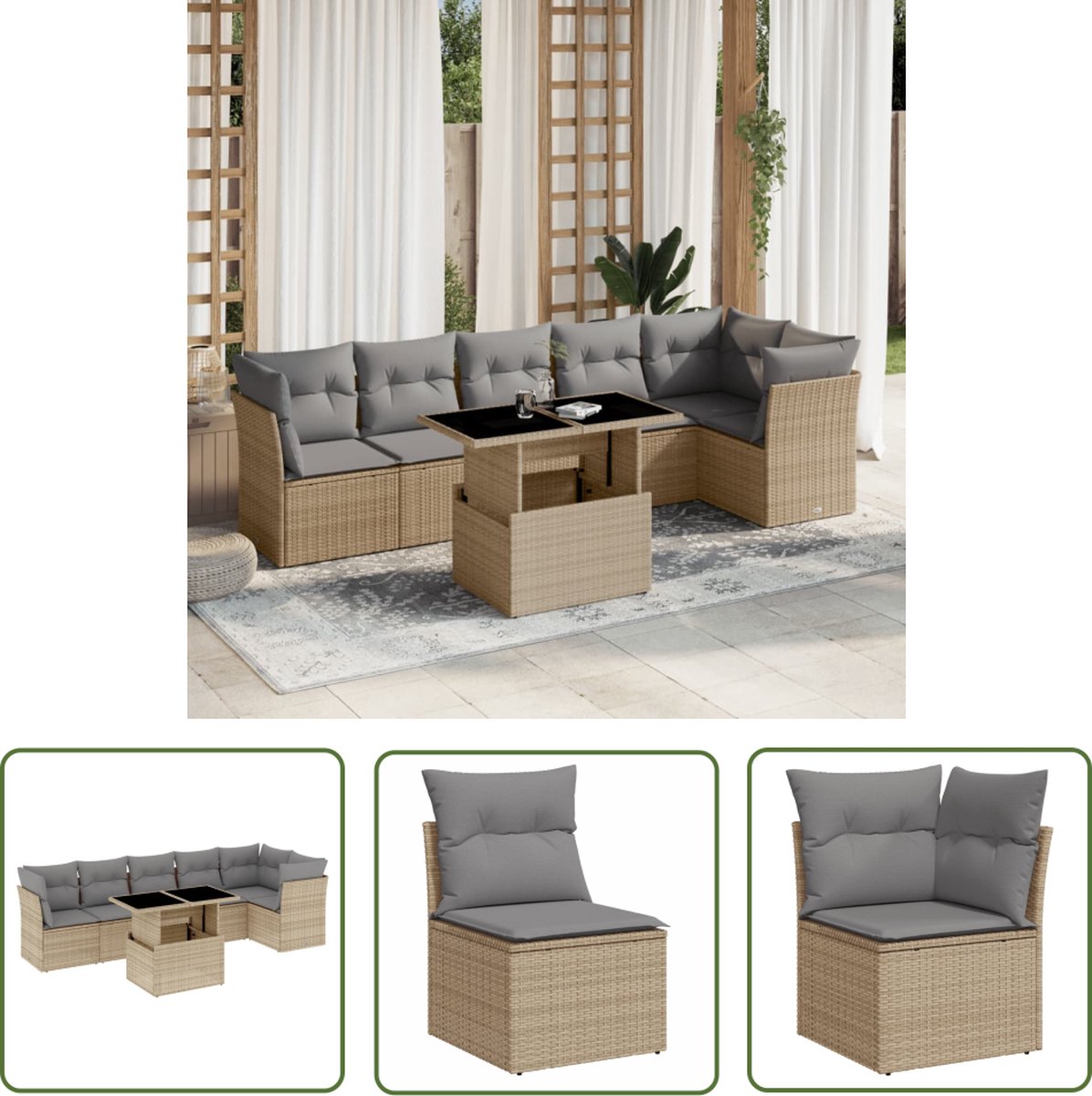 The Living Store 7-delige Loungeset met kussens poly rattan beige - Loungeset - Lounge Set - Buitendecoratie - Tuinmeubels - Loungebank