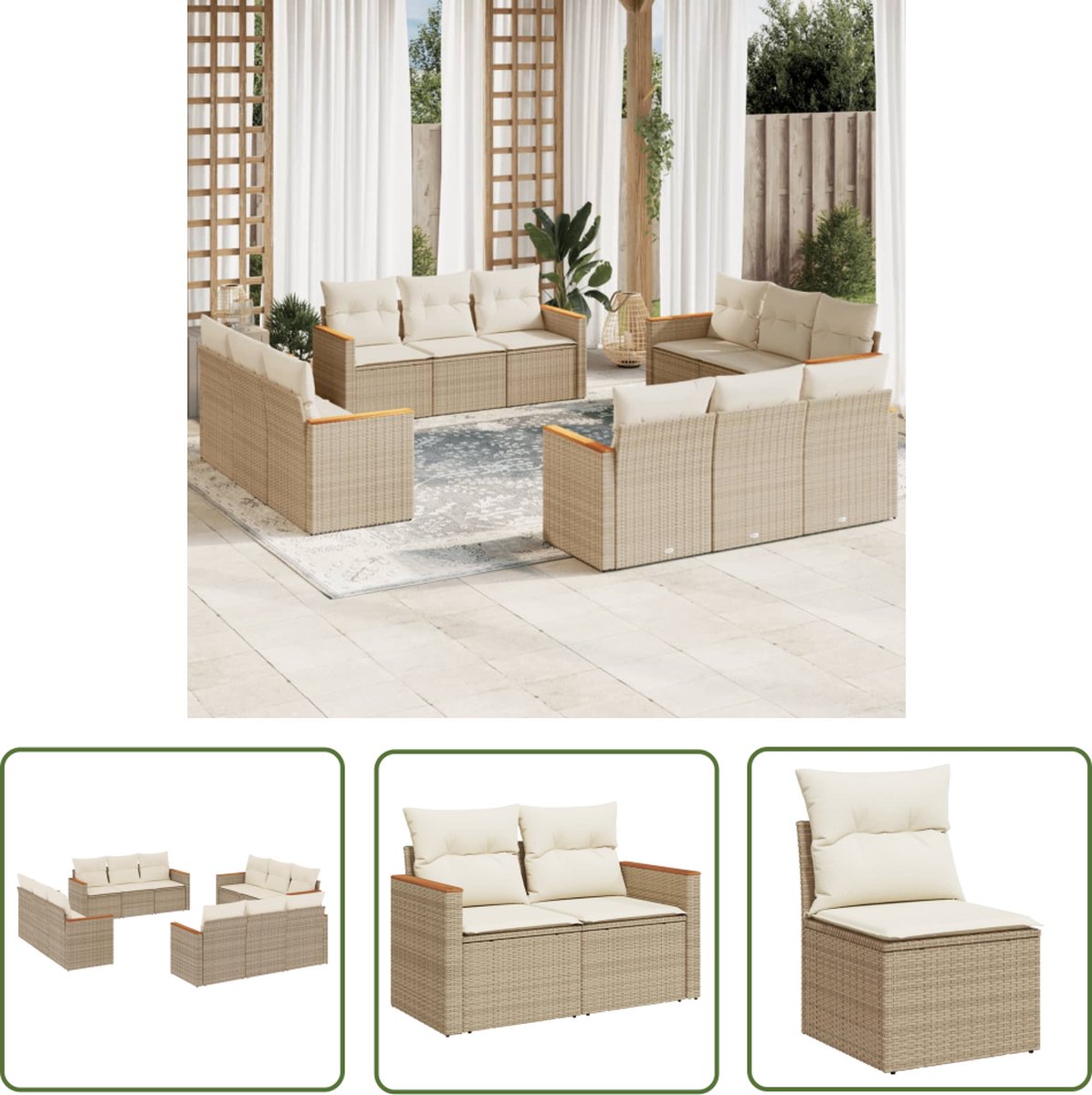 12-delige Loungeset in beige poly rattan met kussens - Tuinmeubels.