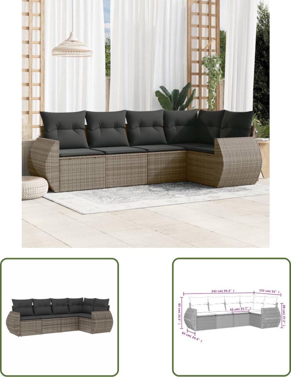 The Living Store 5-delige Loungeset met kussens poly rattan grijs - Loungebank - Lounge Set - Tuinset - Buitendecoratie - PE-rattan