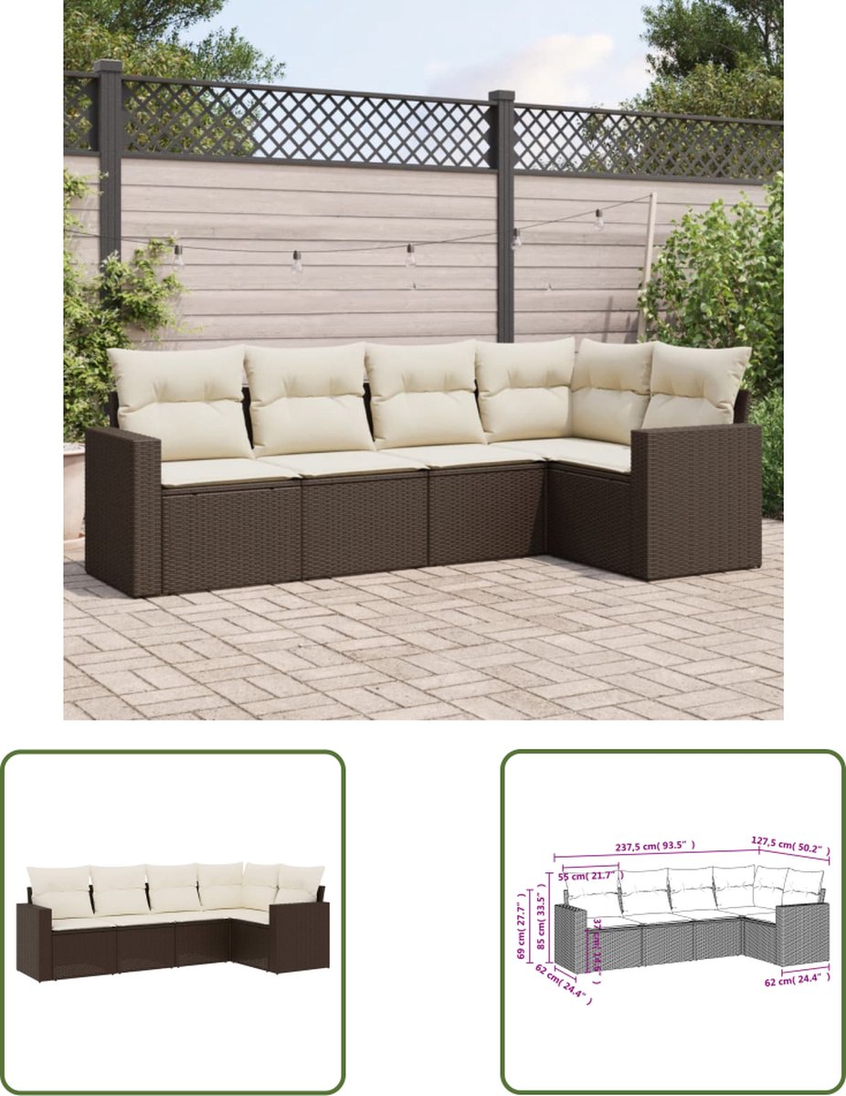 The Living Store 5-delige Loungeset met kussens poly rattan bruin - Loungebank - Lounge Set - Tuinset - Outdoor Furniture - Veranda Meubel