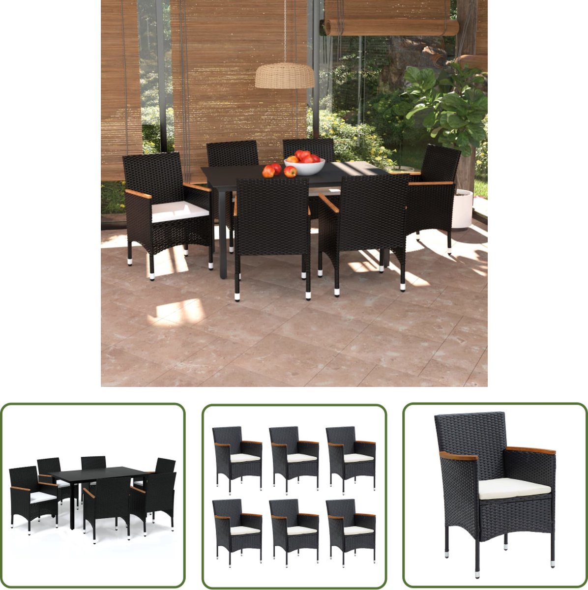 Zwarte poly rattan tuinstoel met kussens - The Living Store 7-delige Tuinset.