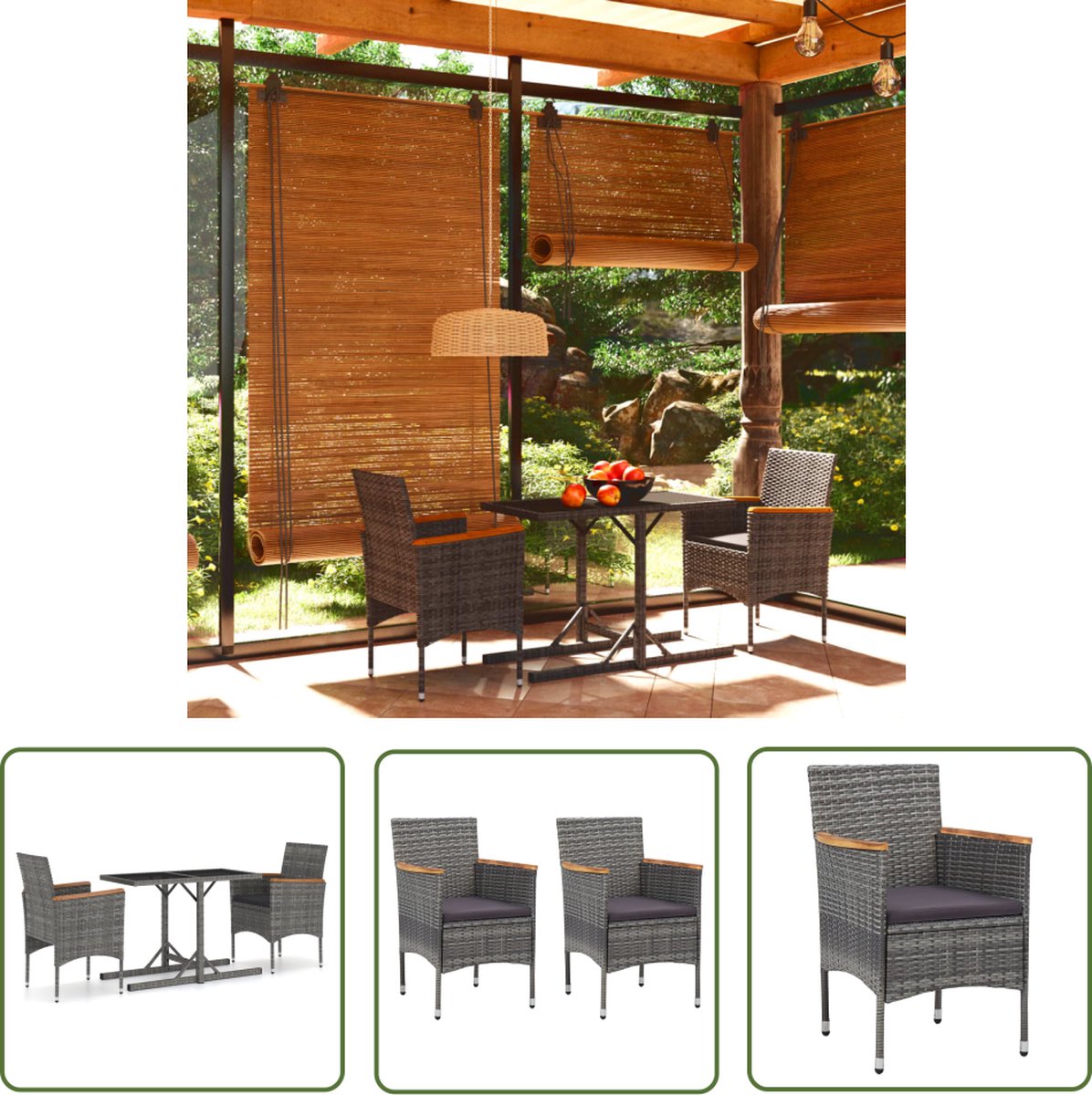 The Living Store 3-delige Tuinset grijs - Tuinstoel - Eetkamerset - Buitentafel - Lounge Set - Patio Furniture