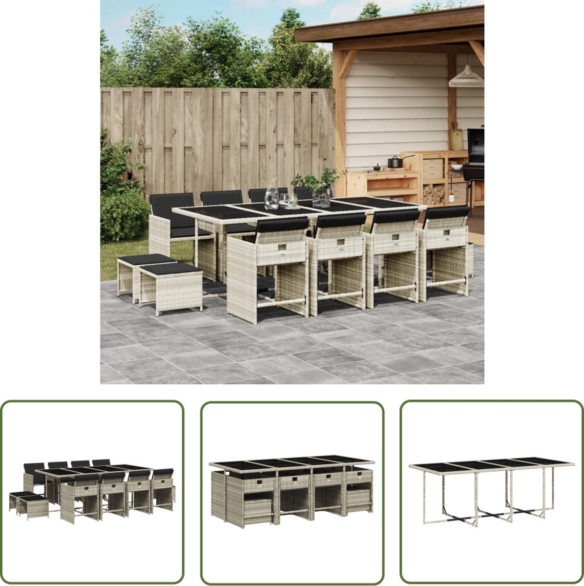 The Living Store 13-delige Tuinset met kussens poly rattan lichtgrijs - Tuinset - Buitendecoratie - Lounge Set - Eetkamerset - Patio Furniture