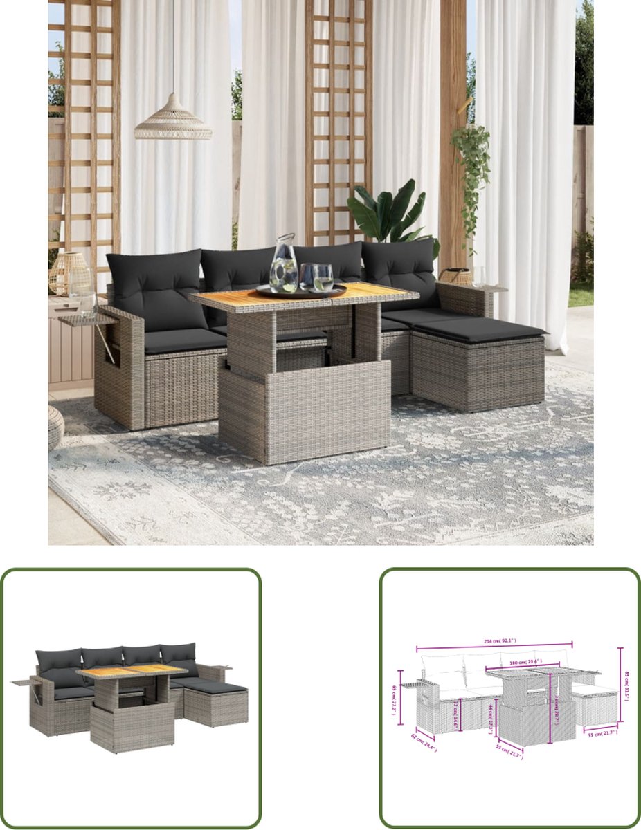 Moderne grijze poly rattan loungeset met kussens voor tuinmeubels.