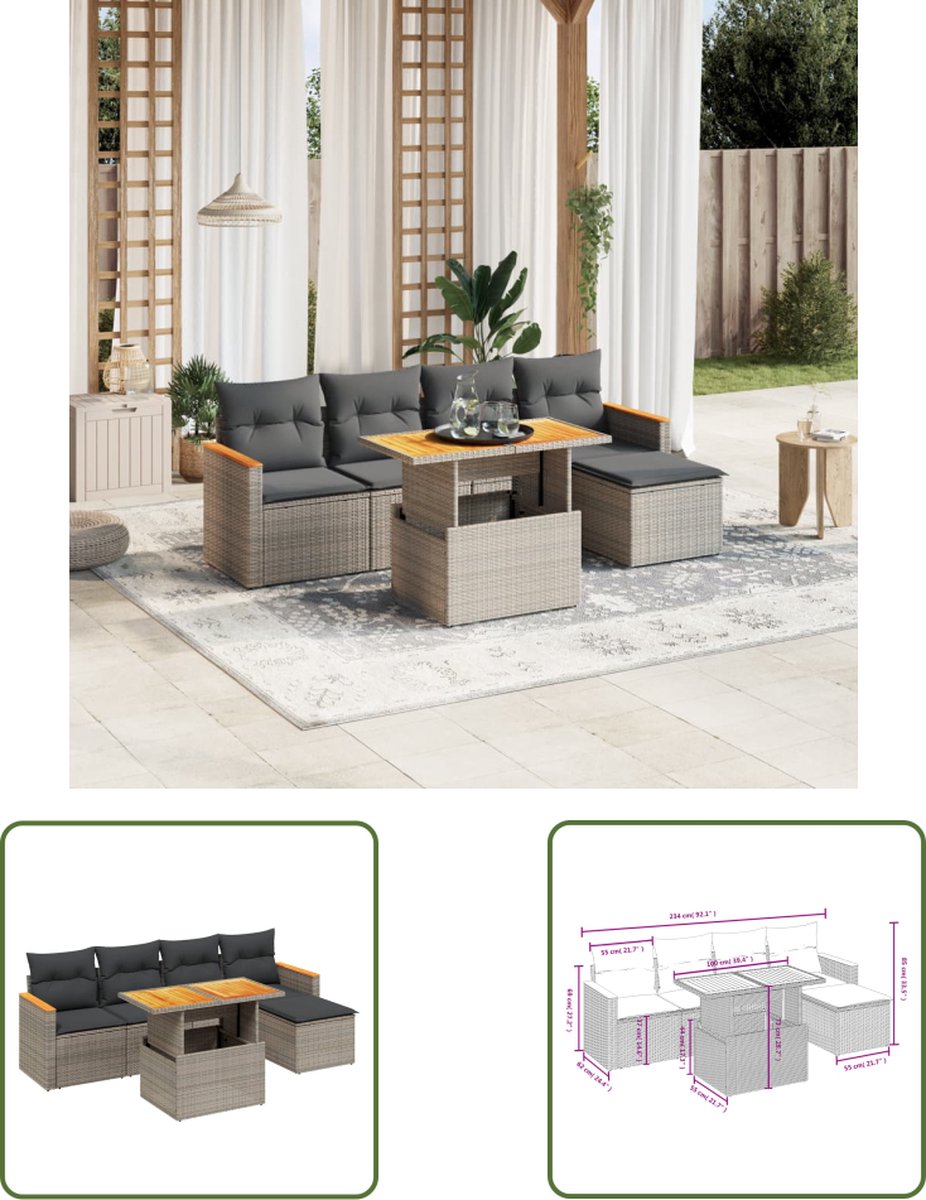 Moderne grijze poly rattan loungeset met kussens - Tuinmeubilair.