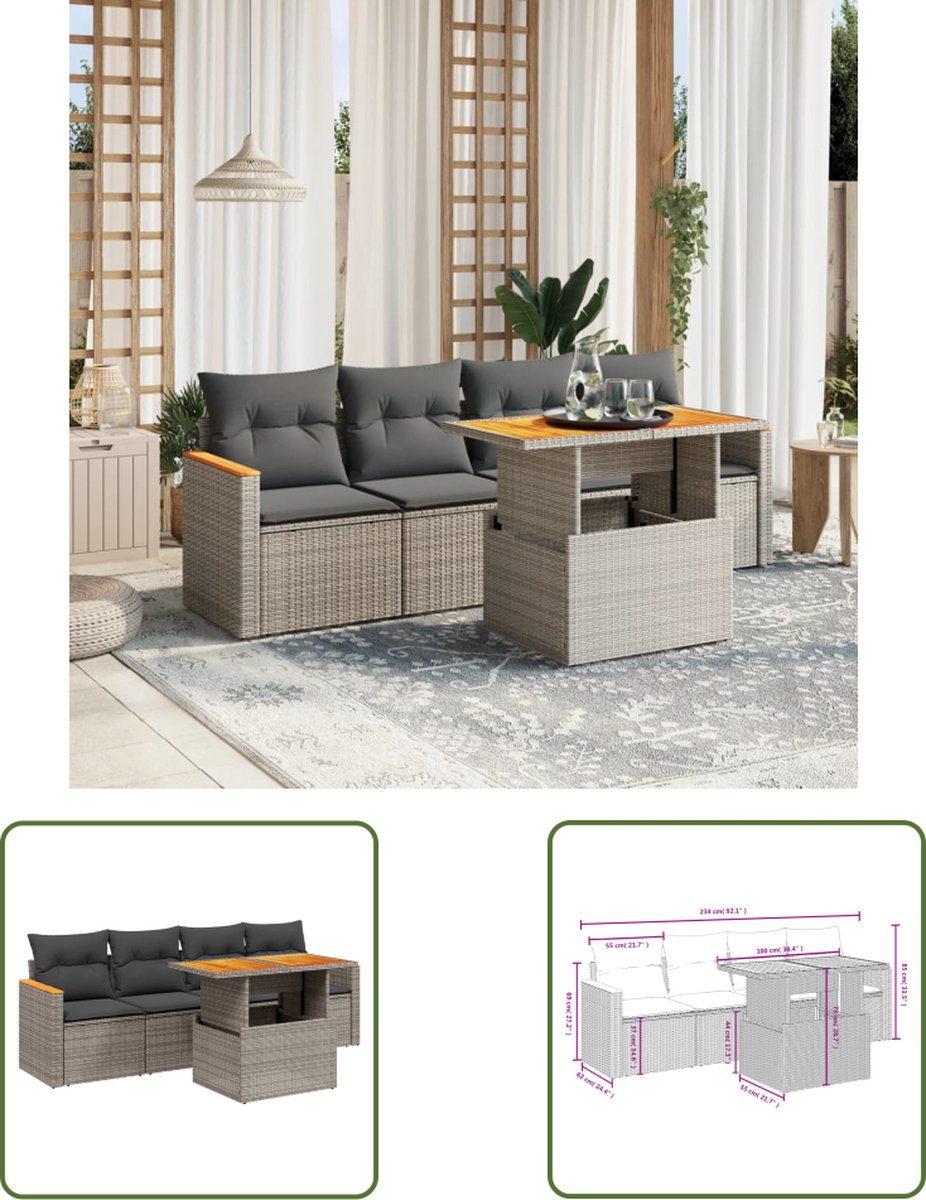 The Living Store 5-delige Loungeset met kussens poly rattan grijs - Loungebank - Lounge Set - Tuinset - Buitendecoratie - Tuinmeubels