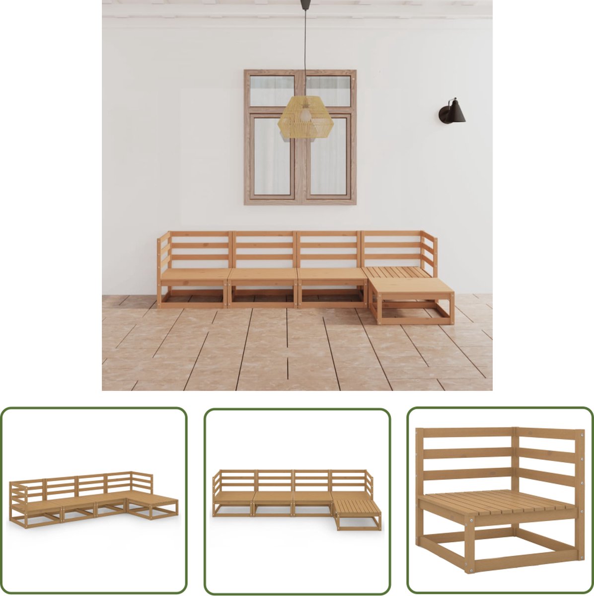 The Living Store 5-delige Loungeset massief grenenhout honingbruin - Tuinmeubel - Lounge Set - Houten Bank - Zitgelegenheid - Buitendiner