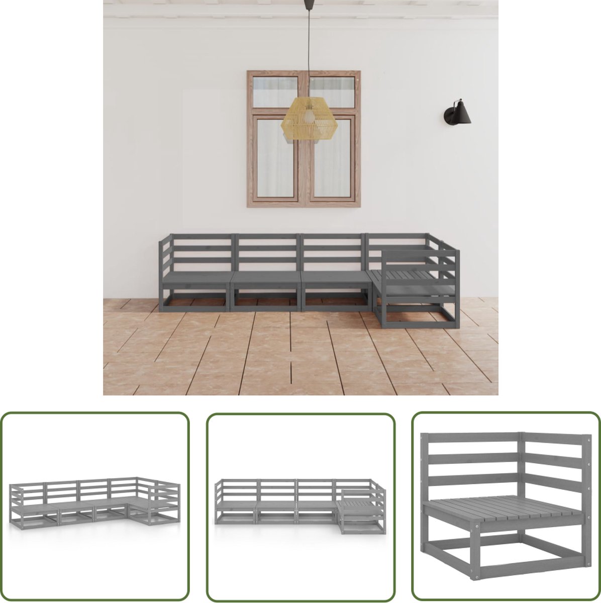The Living Store 5-delige Loungeset massief grenenhout grijs - Loungeset - Tuinset - Houten Lounge - Buis Meubel - Balkon Set
