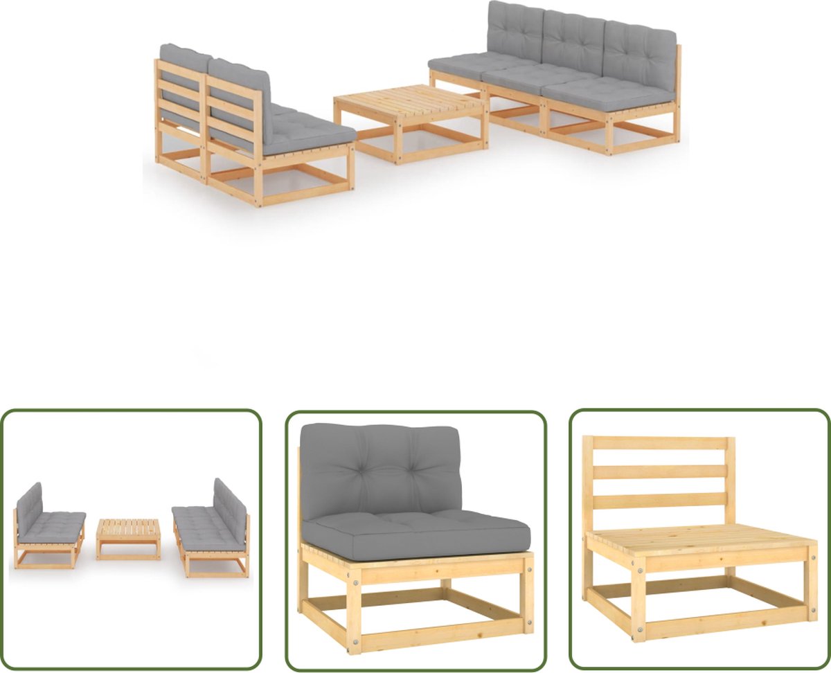 The Living Store 6-delige Loungeset met kussens massief grenenhout - Tuinset - Lounge Set - Tuinmeubel - Houten Bank - Buitenshuis Relaxen