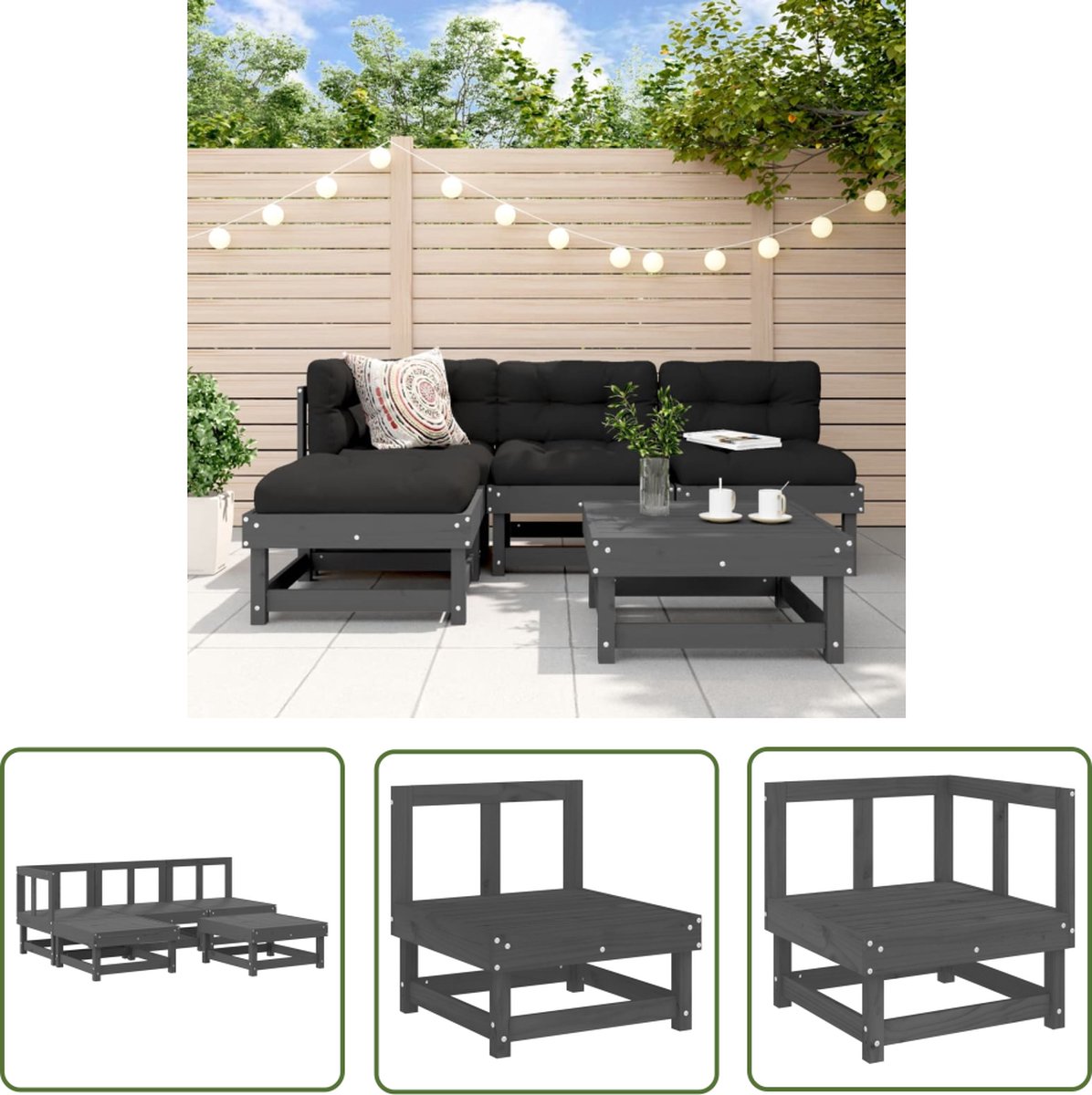 The Living Store 5-delige Loungeset massief grenenhout grijs - Loungeset - Tuinset - Hout - Grenenhout - Lounge