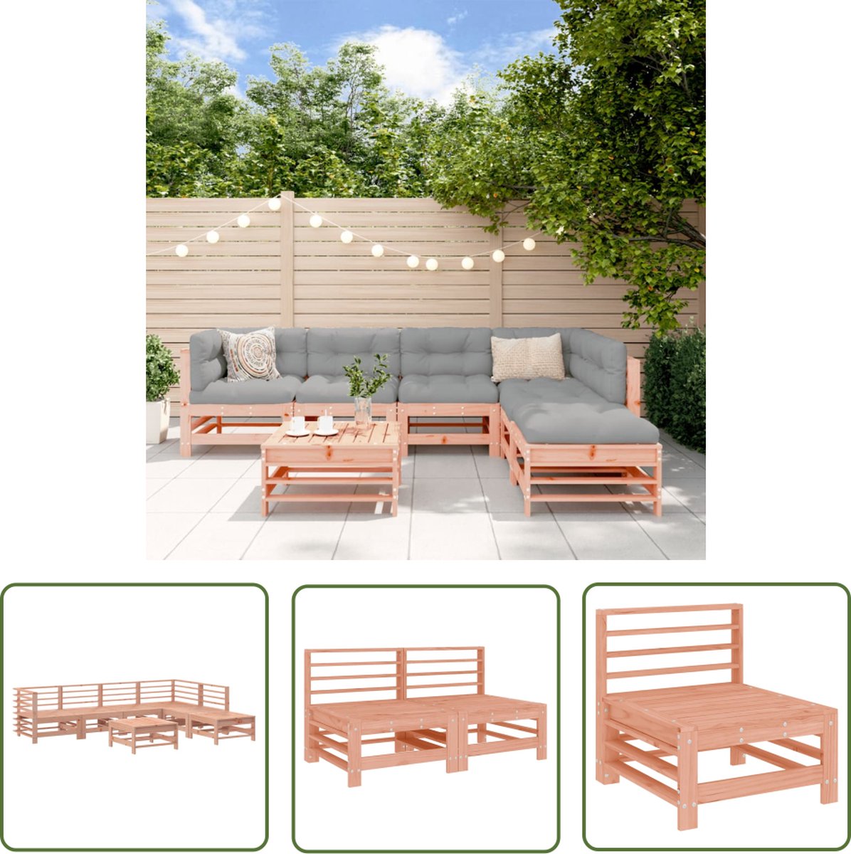 The Living Store 7-delige Loungeset massief douglashout - Loungeset - Tuinset - Hout - Douglashout - Lounge Bank