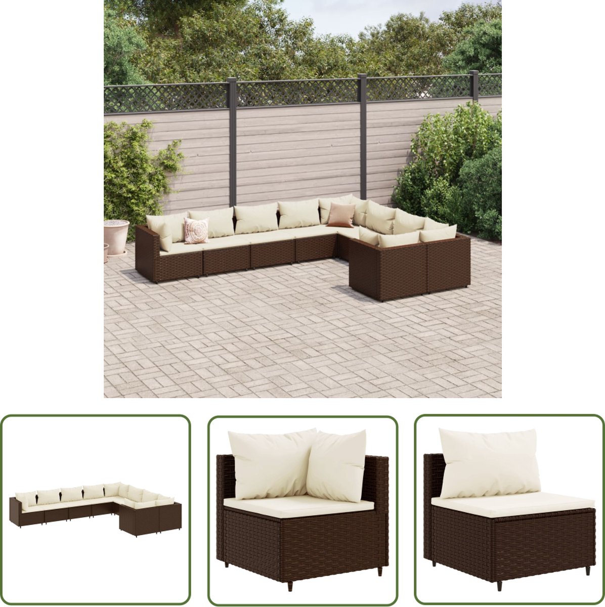 The Living Store 9-delige Loungeset met kussens poly rattan bruin - Loungeset - Tuinset - Lounge Bank - Buitendecoratie - Tuinmeubels