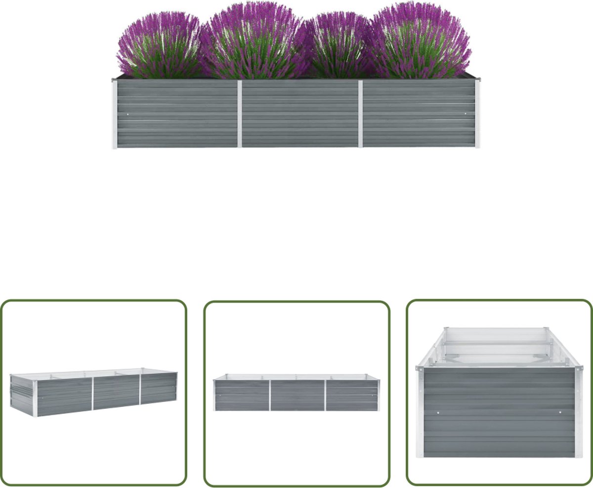 Verhoogde grijze plantenbak van 240x80x45 cm gemaakt van gegalvaniseerd staal voor tuin- en balkonplanten.
