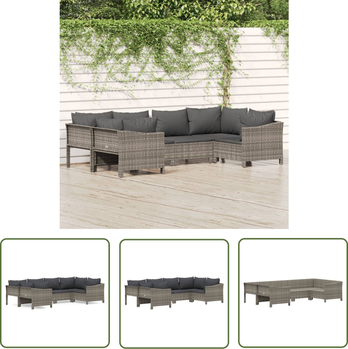 Grijze poly rattan loungeset met kussens voor tuindecoratie.
