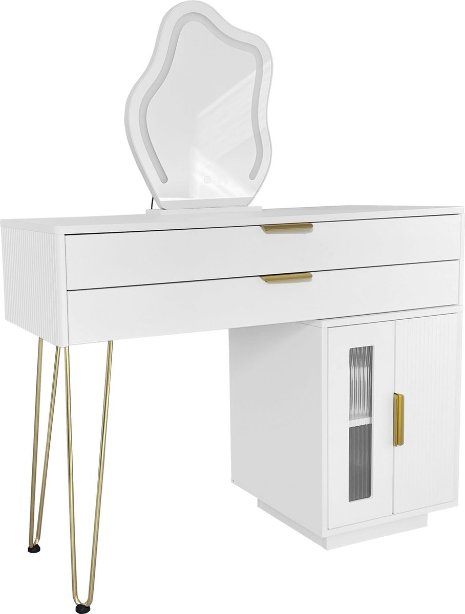Merax Kaptafel met LED Spiegel – Wit – Uitschuifbaar – 100x40x78 cm – Make-uptafel met 2 Lades en Kast