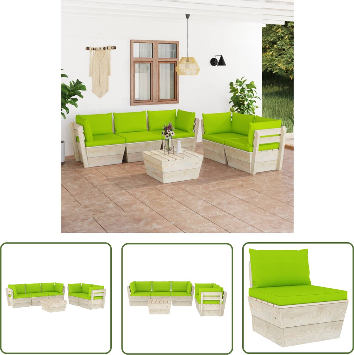 The Living Store 6-delige Loungeset met kussens pallet vurenhout - Pallet Lounge Set - Loungestoel - Buitendecoratie - Tuinstoel - Teak Meubels