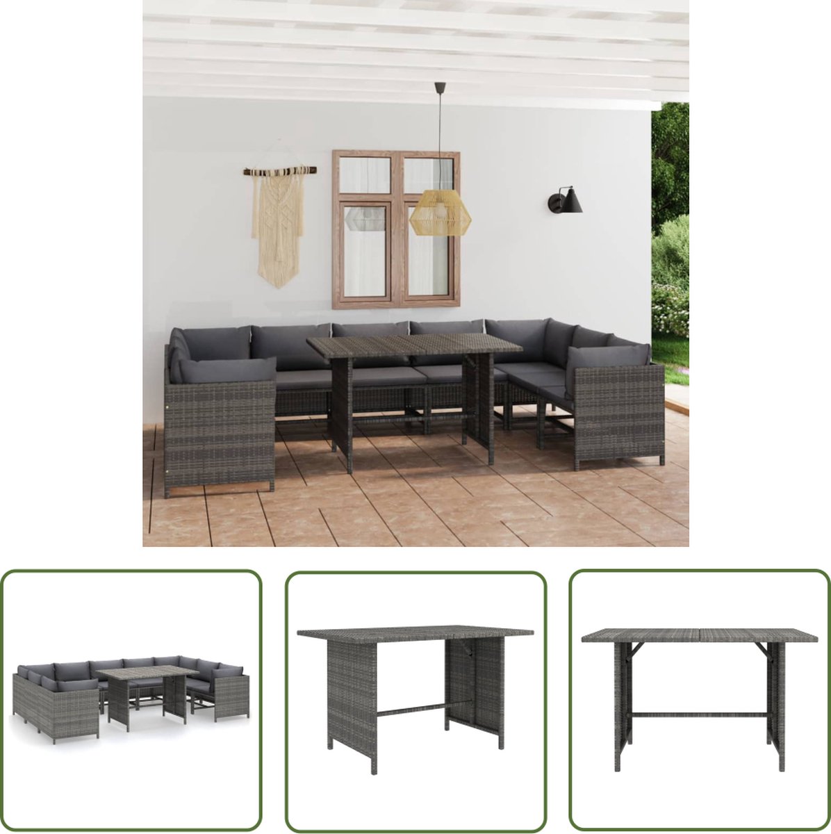 The Living Store 10-delige Loungeset met kussens poly rattan grijs - Loungeset - Tuinset - Tuinmeubels - Outdoor Meubilaar - Loungestoel