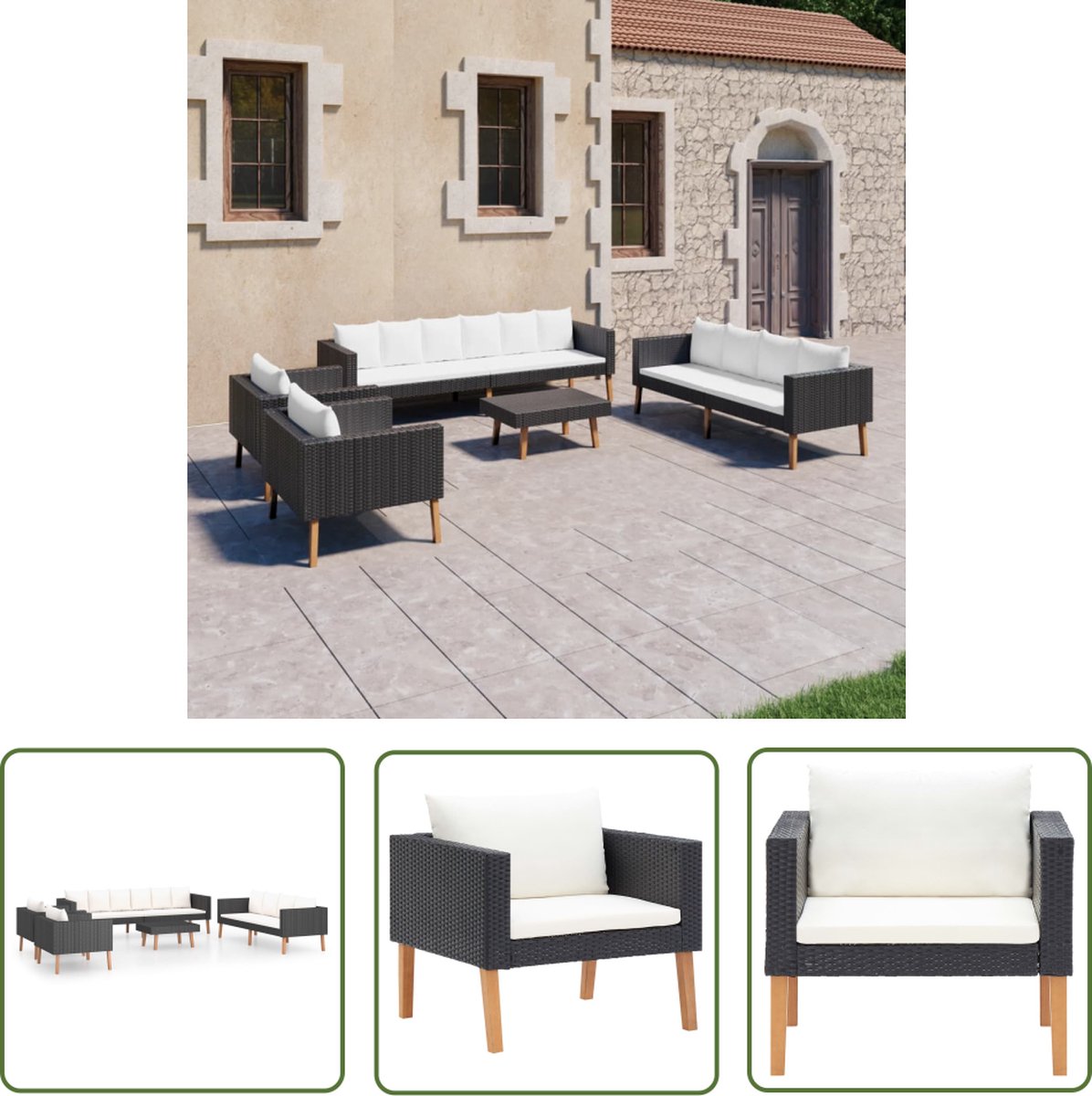 The Living Store 5-delige Loungeset met kussens poly rattan zwart - Tuinstoel - Loungestoel - Buitendining - Terras Meubilair - Garden Furniture