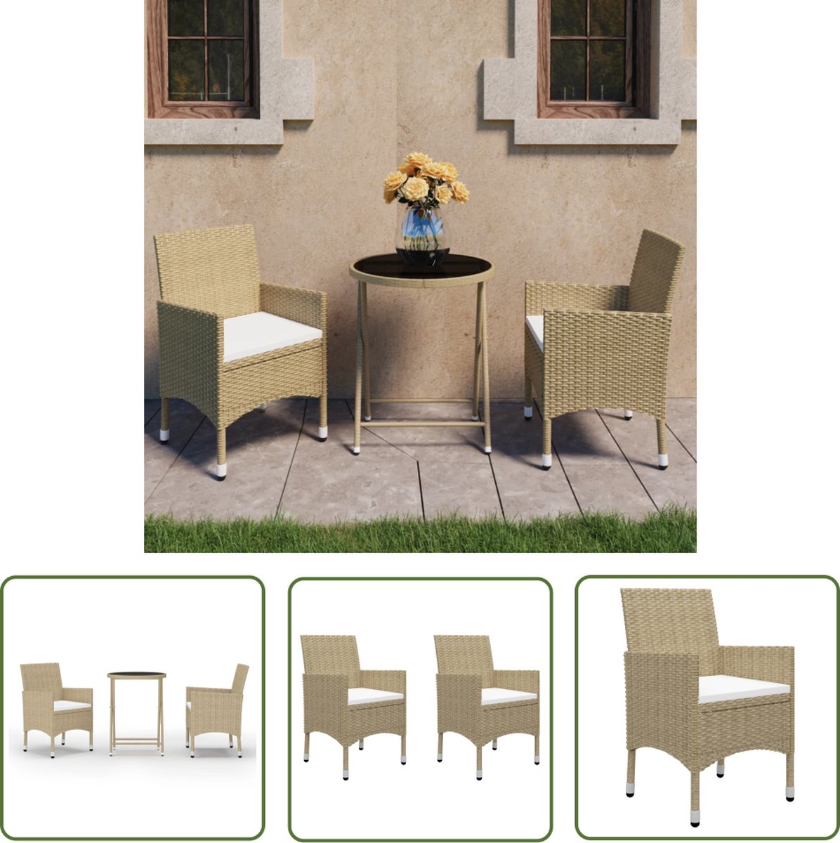 The Living Store 3-delige Bistroset poly rattan en gehard glas beige - Tuinibistroset - Bistroset - Buitentafels - Buitenstoelen - Lounge Set