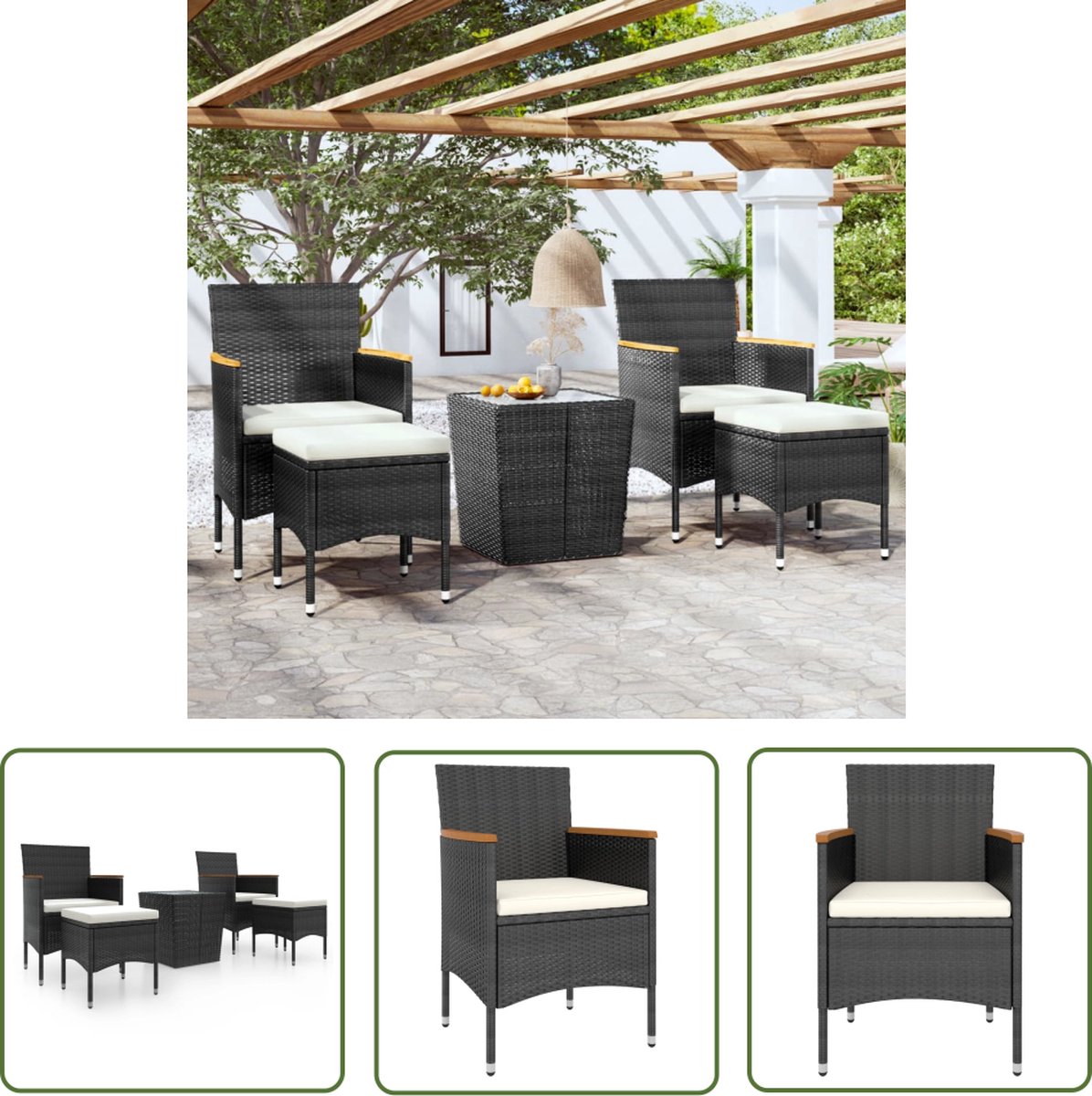 The Living Store 5-delige Bistroset poly rattan en gehard glas zwart - Tuinmeubels - Tuinset - Bistro Set - Zwarte Tuinstoel - Zwarte Eetkamerstoelen