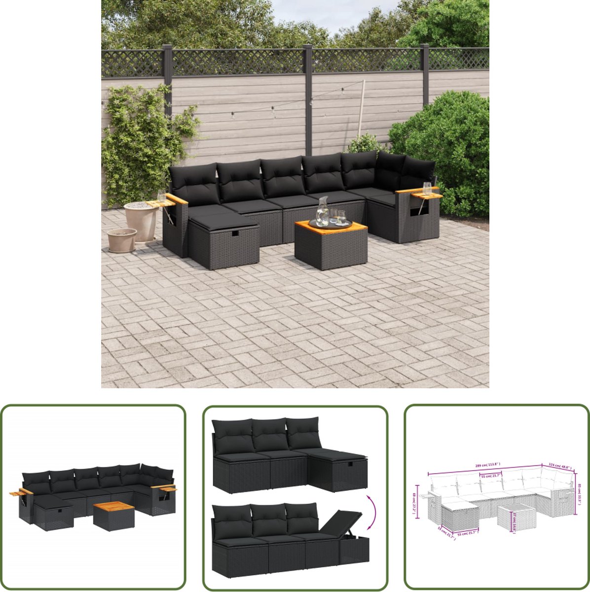 The Living Store 8-delige Loungeset met kussens poly rattan zwart - Loungeset - Tuinlounge - Lounge Set - Buitendecoratie - Outdoor Furniture
